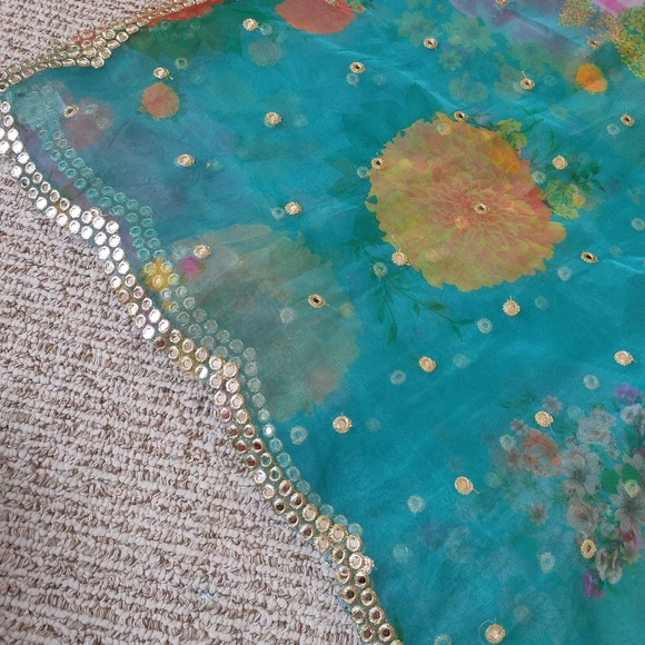 Sea Green Organza faux mirror scalloped duppata - Picture 2 of 4